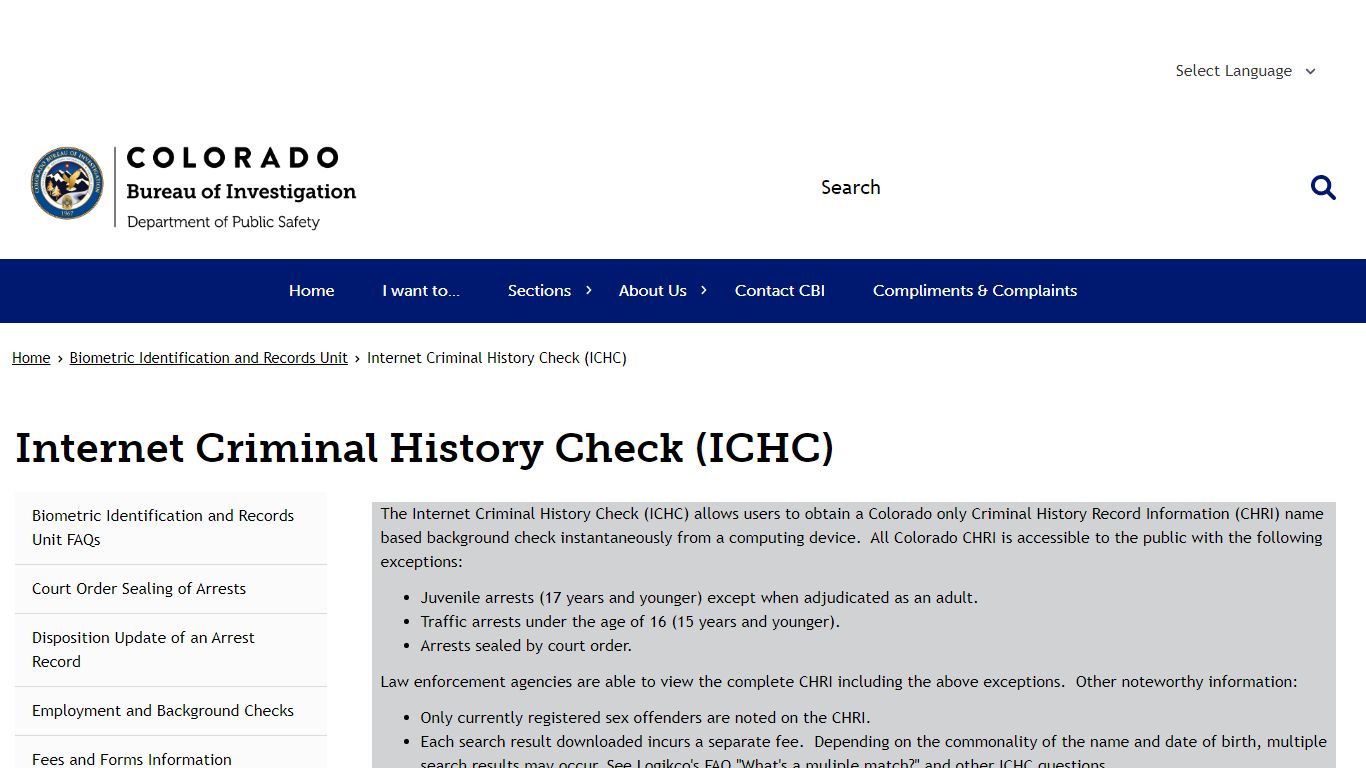 Internet Criminal History Check (ICHC) - Colorado